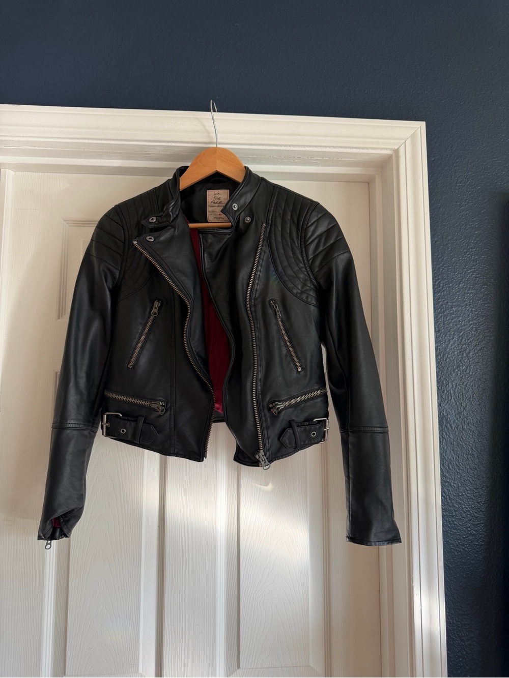Black Women's vegan Leather Moto Jacket with Quilted Shoulders